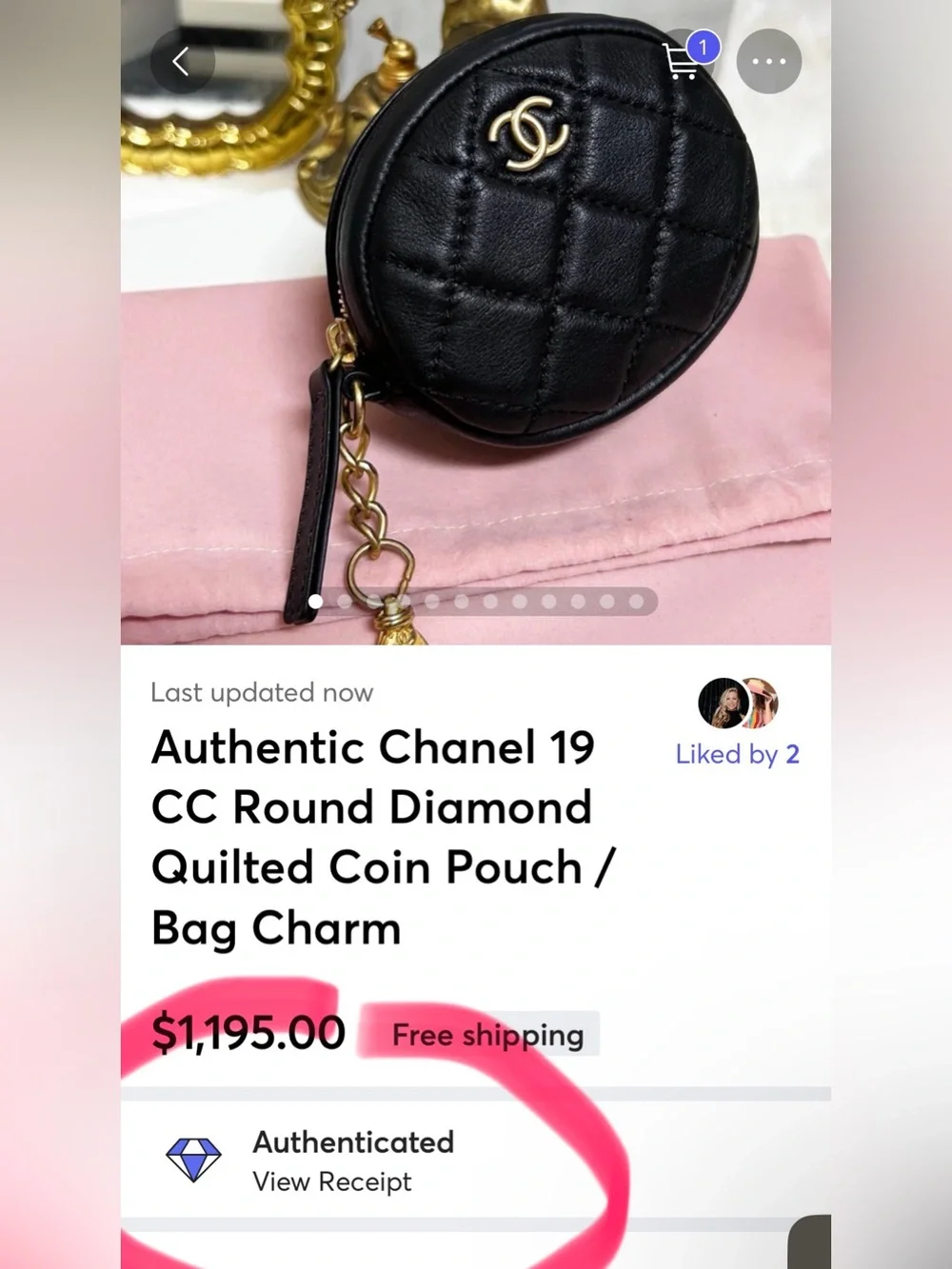 Authentic Chanel 19 CC Round Diamond Quilted Coin Pouch / Bag Charm